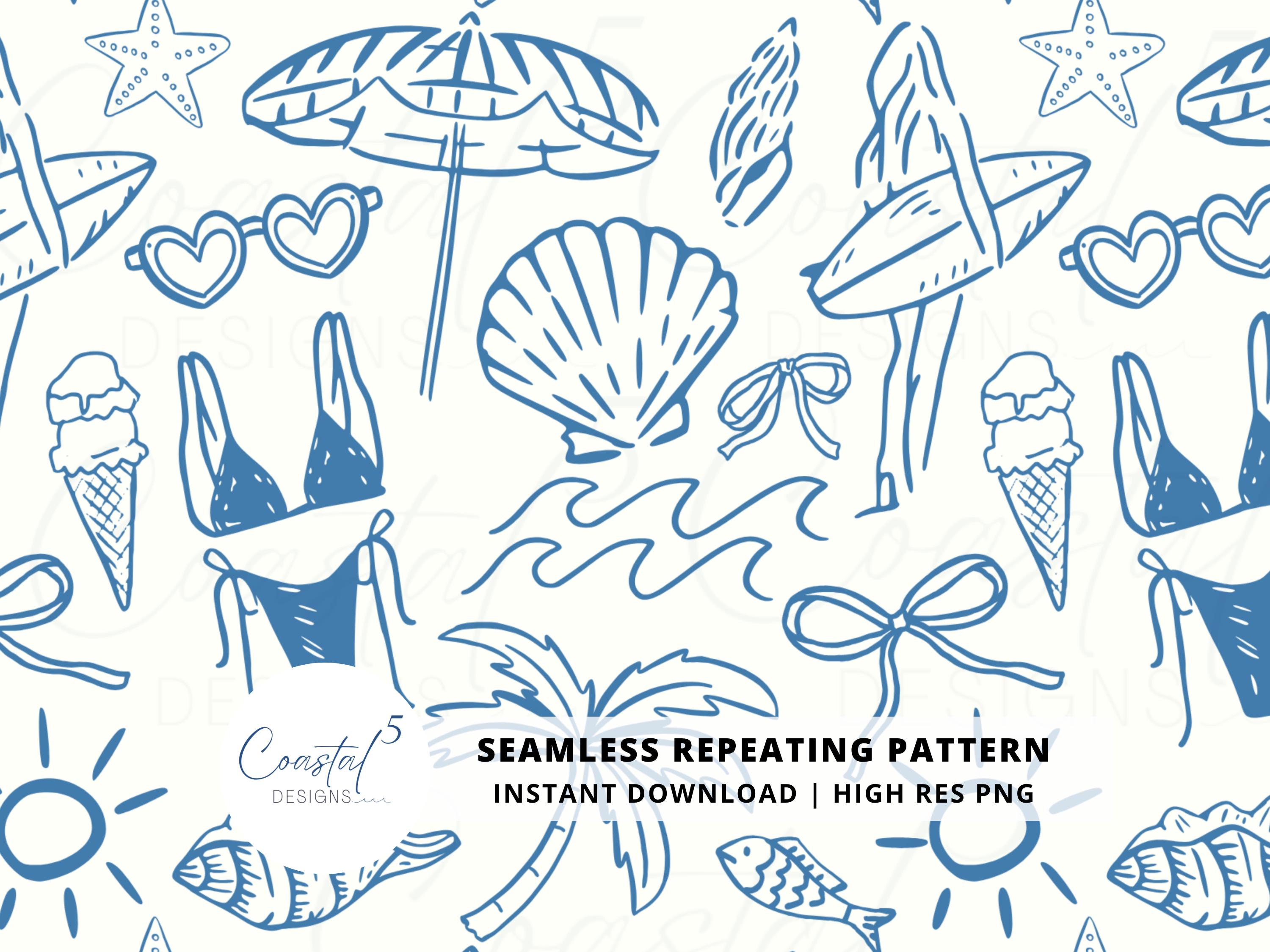 Coastal Cowgirl Seamless Pattern, Summer Fabric Design for Sublimation, Cottagecore, Beach Pattern, Coastal Wallpaper, Coastal Chic,