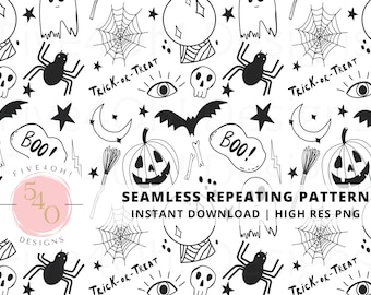 Halloween Doodles Seamless Pattern | Spooky Halloween Pattern | Surface Pattern | Fabric Sublimation | Black and White Halloween Pattern