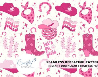 Patrón sin costuras del oeste / Vamos chicas / Patrón sin costuras de vaquera rosa para impresión de tela por sublimación / Diseño de superficies / Diseño de telas