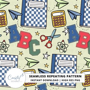 May include: A seamless repeating pattern featuring school supplies on a light green background. The design includes blue and white checkered notebooks, yellow calculators, red scissors, green paper airplanes, atom symbols, and stars with letters A, B, and C.