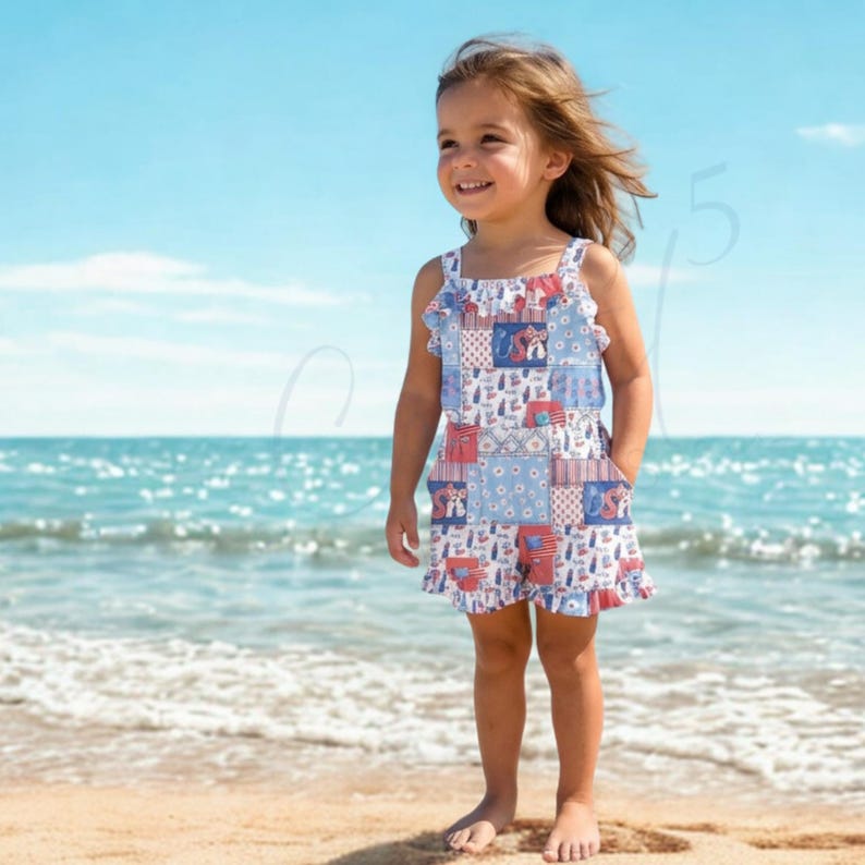 Girl wearing adorable summer romper, using patriotic patchwork seamless pattern of July 4th patchwork elements, from Coastal 5 Designs.