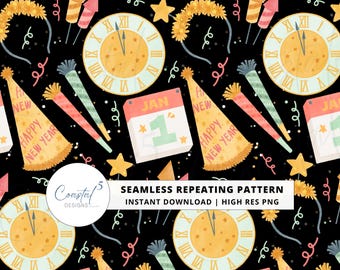 New Year Seamless Pattern, New Year's Eve Seamless Pattern, 2026 New Year Digital Download, New Years Surface Pattern, NYE Seamless Pattern