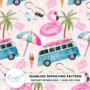 May include: Seamless repeating pattern featuring a pink flamingo float, blue surf vans, palm trees, ice cream cones, cameras, and umbrellas. The words "SUMMER" are scattered throughout the design. The text "SEAMLESS REPEATING PATTERN" is also included.