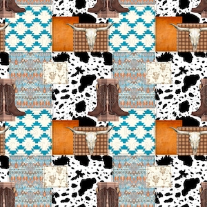Country western aesthetic repeating background. Faux patchwork block design with rustic ranch elements in brown, teal, and black. Instant download PNG.