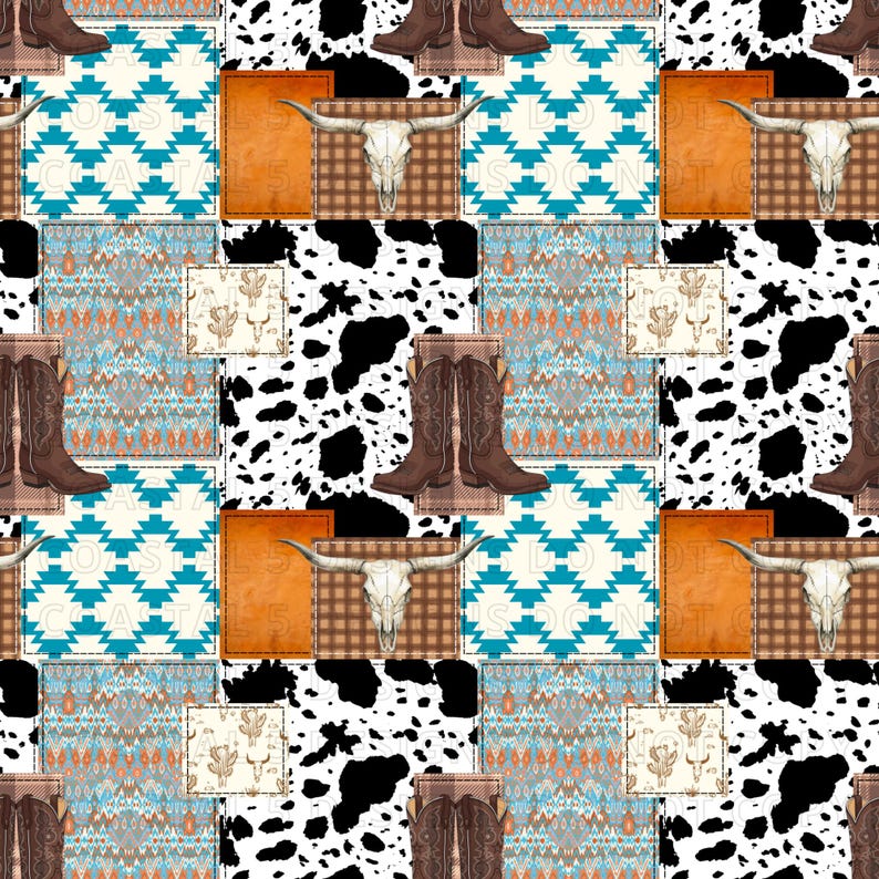 Country western aesthetic repeating background. Faux patchwork block design with rustic ranch elements in brown, teal, and black. Instant download PNG.