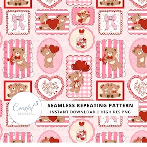 Op de afbeelding: Een naadloos herhalend patroon met bruine teddyberen, roze strikken, rode harten en glazen potten gevuld met hartvormige snoepjes. Het ontwerp bevat de tekst Happy Valentines Day en Coastal 5 Designs.