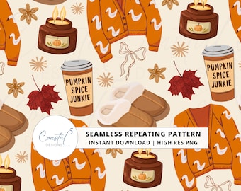 Gezellige herfst naadloos patroon, herfst naadloos patroon, herhalingspatroon, naadloos patroon, herfst png, herfstpatroon png, Pumpkin Spice, sublimatie