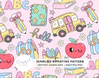 Girly Back to School Seamless Pattern, Retro School Digital Paper, trendy school patterns, bow pencil design, teacher paper, School Bus