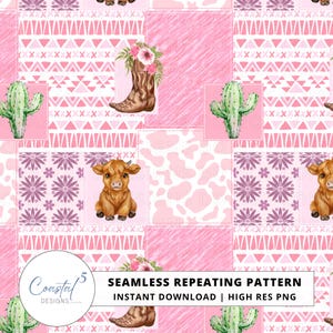Pink Western Patchwork Seamless Pattern, Boho Cowgirl Highland Cow Digital Paper, Kids Fabric, Cowgirl Surface Pattern, Faux Quilt Seamless