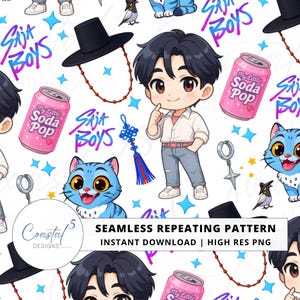 Puede incluir: Patrón repetitivo sin costuras con ilustraciones de dibujos animados de personajes de estilo anime, gatos azules, latas de refresco rosas y sombreros negros. El diseño incluye el texto "Saja Boys" y "My Little Soda Pop" sobre un fondo blanco con estrellas azules.