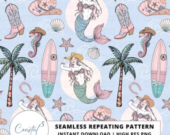 海岸沿いのカウガールと人魚のシームレスパターン、夏のウエスタンビーチの雰囲気（デジタルダウンロード）