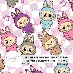 Labubu Monster Nahtloses Muster, Labubu PNG, Labubu Sublimation, sich wiederholendes Muster, Labubu Oberflächenmuster, digitales Papier, Kawaii Laububu