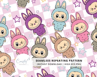 Labubu Monsters Seamless Pattern, Labubu PNG, Labubu Sublimation, Repeating Patter, Labubu Surface Pattern, Digital Paper, Kawaii Laububu