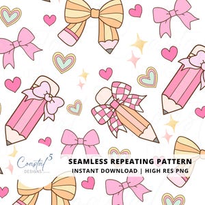 Könnte beinhalten: Nahtloses, sich wiederholendes Muster mit rosa Bleistiften, Schleifen, Herzen und Sternen auf weißem Hintergrund. Das Design umfasst rosa und gelbe Schleifen, rosa Herzen und Bleistifte mit rosa Radiergummis.