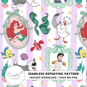 May include: Seamless repeating pattern featuring cartoon characters from a popular animated film. The design includes characters like Ariel, Flounder, and Sebastian, set against a backdrop of vertical stripes. The text "Coastal Designs" and "Seamless Repeating Pattern" is also visible.