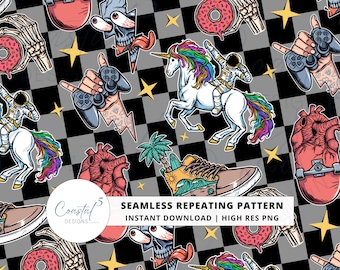 Radical Boys naadloos patroon, jongens geruit naadloos bestand, schedel en astronauten, skateboarden, Reto Gamer Boy digitaal papier, sublimatie