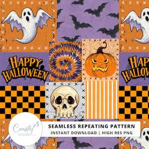 Pojkar Halloween-lapptäcke sömlöst, Halloween-kollage, läskigt lapptäcke, Jack O'Lantern-lapptäcke, barntyg, ytmönster