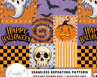男の子向けハロウィンパッチワークシームレス、ハロウィンコラージュ、不気味なパッチワーク、ジャック・オー・ランタンパッチワーク、子供用生地、表面パターン