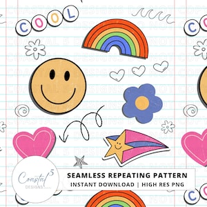 May include: A seamless repeating pattern on lined paper featuring colourful illustrations of a yellow smiley face, a rainbow, pink hearts, a blue flower, a shooting star, and the word COOL in circles. The design includes black doodle accents.
