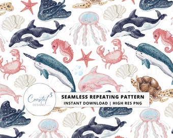 May include: Seamless repeating pattern featuring watercolor illustrations of marine life, including dolphins, whales, seahorses, jellyfish, crabs, and starfish. The design incorporates a palette of blue, pink, and beige on a white background. The text "Seamless Repeating Pattern" is visible.