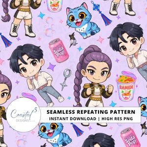 Può includere: Motivo ripetuto senza soluzione di continuità con personaggi dei cartoni animati, gatti blu, ramen e lattine di soda su sfondo lavanda. Il design include stelle, bolle ed elementi decorativi. Il testo "Soda Pop" e "Ramen" sono visibili.