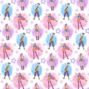 Kpop Demon Hunters Seamless Design. Watercolor hand drawing of KPop Demon Hunters with white background. Huntrix digital paper with Rumi Mira and Zoey. Perfect background for Kpop Demon Hunters digital scrapbooking, fabric sublimation, and more.
