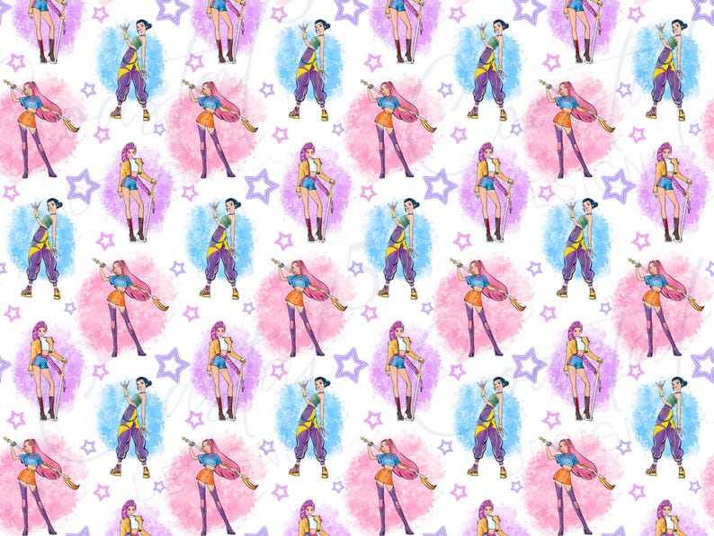 Kpop Demon Hunters Seamless Design. Watercolor hand drawing of KPop Demon Hunters with white background. Huntrix digital paper with Rumi Mira and Zoey. Perfect background for Kpop Demon Hunters digital scrapbooking, fabric sublimation, and more.