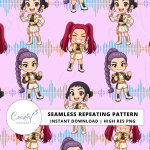 May include: Seamless repeating pattern featuring cartoon figures in military-style outfits with various hairstyles, set against a pink background with a sound wave design. The figures are in white, gold, and black. The text "Seamless Repeating Pattern" is visible.