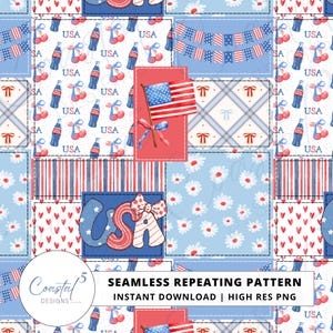May include: A patriotic seamless repeating pattern featuring a patchwork design with red, white, and blue elements. The design includes American flags, cherry illustrations, and the word "USA". The pattern is suitable for various craft projects.