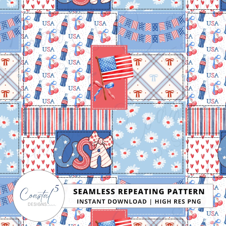 Patriotic patchwork seamless pattern featuring watercolor American flags, cola bottles, cherries, and bunting in red, white, and blue.