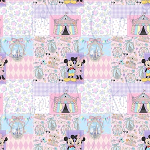 Patchwork Theme Park Seamless Pattern. Use this pastel magic mouse repeating pattern for hair bows, kids fabric, sublimation, tshirt designs, and more! Adorable pastel colors of magic mouse, dreamy castle, theme park rides, park snacks, and dainty patterns in a faux quilt like repeating pattern.
