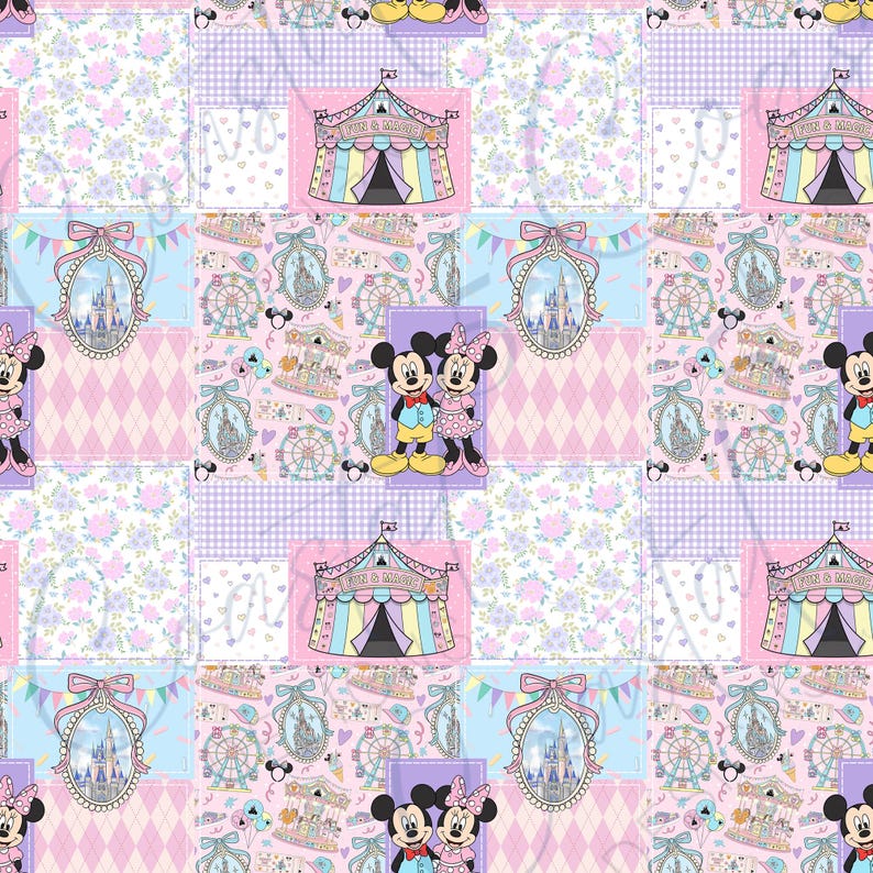 Patchwork Theme Park Seamless Pattern. Use this pastel magic mouse repeating pattern for hair bows, kids fabric, sublimation, tshirt designs, and more! Adorable pastel colors of magic mouse, dreamy castle, theme park rides, park snacks, and dainty patterns in a faux quilt like repeating pattern.