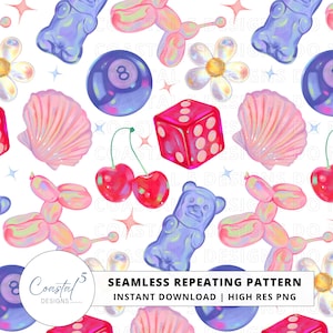 Y2K Seamless Pattern: 90s surface pattern, kids fabric, holographic digital scrapbook paper