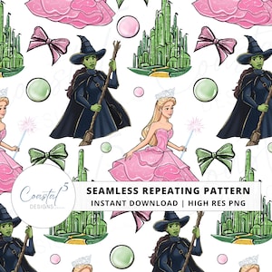 Może przedstawiać: Powtarzający się wzór z ilustracjami księżniczki w różowej sukni, zielonoskórej wiedźmy, Szmaragdowego Miasta, kokard i baniek. Projekt jest na białym tle. Widoczny jest tekst "SEAMLESS REPEATING PATTERN".