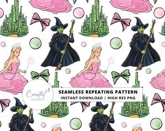 Wicked Seamless Pattern, Glinda and Elphaba inspired Seamless, Emerald City Digital Paper, Wicked Witch, surface pattern