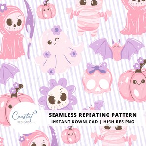 May include: Seamless repeating pattern featuring cute Halloween-themed illustrations. The design includes pink pumpkins, ghosts, bats, skulls, and mummy characters, all adorned with flowers. The background has a striped pattern. The text on the image says "SEAMLESS REPEATING PATTERN" and "INSTANT DOWNLOAD | HIGH RES PNG".