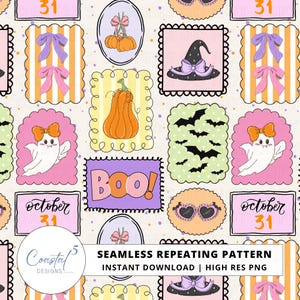 May include: A seamless repeating pattern featuring Halloween-themed illustrations. The design includes pumpkins, ghosts, bats, witch hats, bows, and the text "BOO!" and "October 31". The pattern is in a variety of colors, including orange, pink, purple, and green.