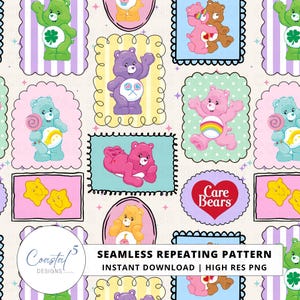 Op de afbeelding: Naadloos herhalend patroon met verschillende Care Bears in kleurrijke kaders. Het ontwerp bevat beren in groen, blauw, roze en paars, met harten, regenbogen en klavers. De tekst "Care Bears" is zichtbaar op een hartvormig embleem.