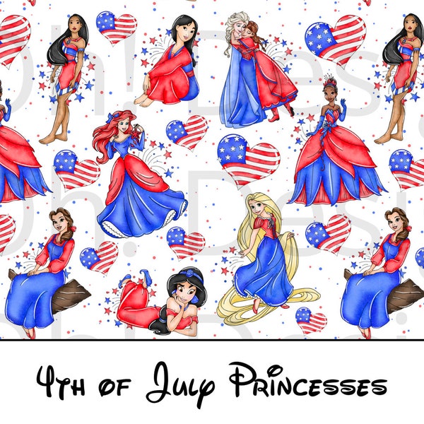 Princess Seamless Pattern | Theme Park Princess | Patriotic Princess PNG | July 4th Princess | Red White and Blue Princesses