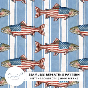 May include: A seamless repeating pattern of fish with the American flag design on a blue and white striped background. The fish are red, white, and blue. The image includes the text "SEAMLESS REPEATING PATTERN" and "INSTANT DOWNLOAD | HIGH RES PNG".