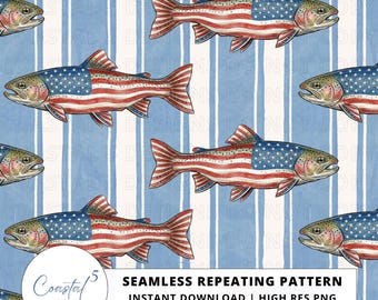 愛国的な魚のシームレスパターン | トラウト釣り表面パターン、7月4日の釣りパターン（布地昇華プリント用）、子供用生地、アメリカ250