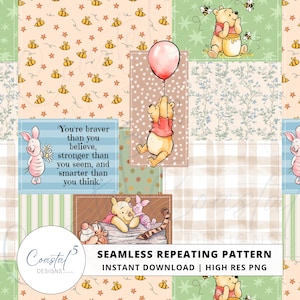 Peut inclure: Motif répétitif sans couture avec Winnie l'Ourson et ses amis. Le motif comprend des illustrations de Winnie avec un ballon, Porcinet, des abeilles et des citations inspirantes. L'arrière-plan est un patchwork de divers motifs et couleurs.