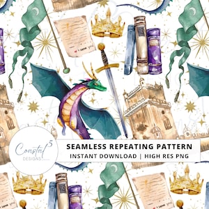 Puede incluir: Patrón repetitivo sin costuras en acuarela con dragones, castillos, coronas, banderas, libros y espadas. El diseño incluye estrellas doradas y el texto "Seamless Repeating Pattern" y "Instant Download | High Res PNG".