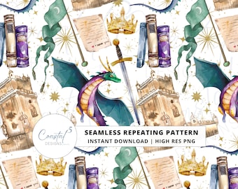 Patrón sin costuras de lector de romance, patrón sin costuras de libros de fantasía, patrón sin costuras de libros, diseño de tela PNG de moda, PNG de dragones de libros