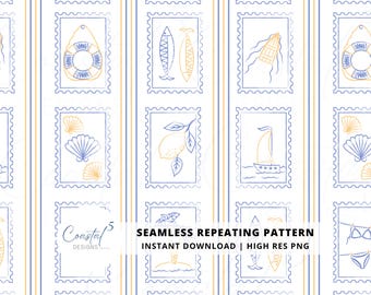 Italian Summer Stamps Seamless Pattern, Amalfi Coast Digital Paper, Summer Vibes Surface Pattern, Coastal Sublimation, Beach and Summer PNG