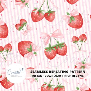 Pode incluir: Um padrão repetitivo sem costuras com listras rosa e brancas, morangos vermelhos e laços rosa. O fundo é rosa com listras brancas. Os morangos são vermelhos com folhas verdes e estão amarrados com laços rosa. O padrão é perfeito para usar em scrapbooking, criação de cartões e outros projetos de artesanato.