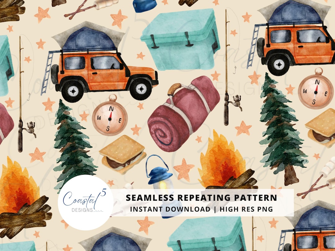 Camping Seamless Pattern | Forest Repeating Pattern | Watercolor ...