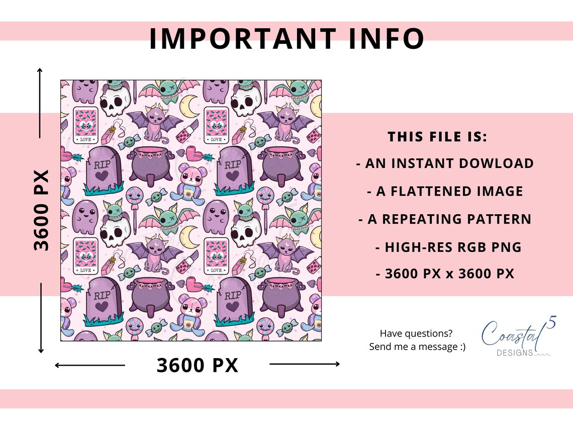 Pastel Goth Seamless Pattern, Girly Halloween Digital Pattern, Pastel ...