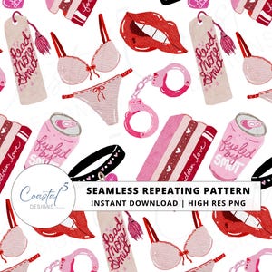 Peut inclure: Motif répétitif sans couture avec des illustrations à l'aquarelle de lingerie, de lèvres, de menottes, de livres et de canettes. Le motif comprend le texte "Read More Smut" et "Fueled by Smut" en rose et rouge sur fond blanc.