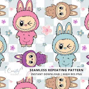 Labubu Monsters Seamless Pattern, Cute Monsters, Labubu PNG, Labubu Sublimation, Repeating Pattern, Labubu Surface Pattern, Digital Paper